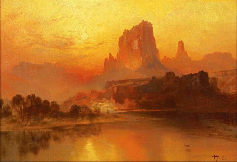 The Golden Hour,골든 아워,Thomas Moran,토마스 모란,오일 페인팅,오일 페인팅, 경치, 인간은 없어, 옥외, 나무, 오렌지 테마, 물, 강, 하늘, 일몰, 산, 자연, 호수