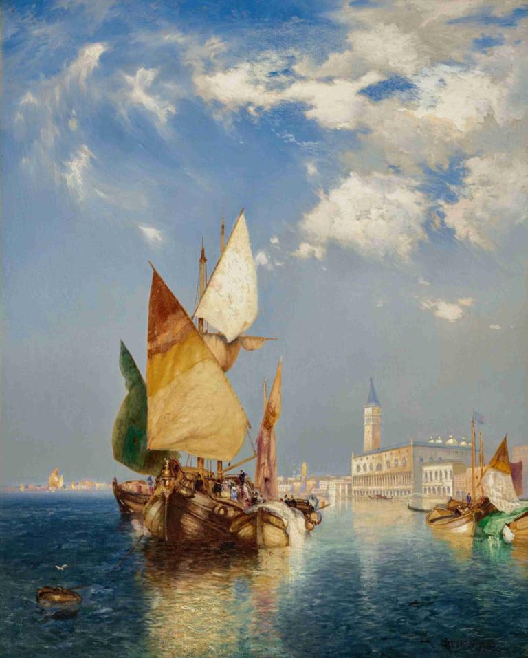 The Grand Canal, Venice,대운하, 베니스,Thomas Moran,토마스 모란,오일 페인팅,오일 페인팅, 선박, 보트, 하늘, 구름, 낮, 물, 옥외, 경치, 대양, 배