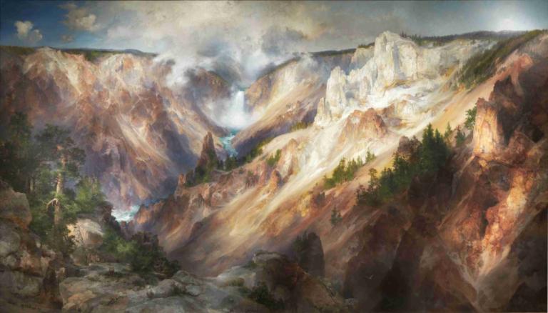 The Grand Canyon Of The Yellowstone,옐로스톤의 그랜드 캐년,Thomas Moran,토마스 모란,오일 페인팅,오일 페인팅, 경치, 인간은 없어, 옥외, 산, 구름, 하늘