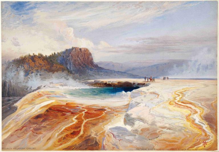 The Great Blue Spring of the Lower Geyser Basin, Yellowstone,옐로스톤 하부 간헐천 분지의 그레이트 블루 스프링스,Thomas Moran,토마스 모란