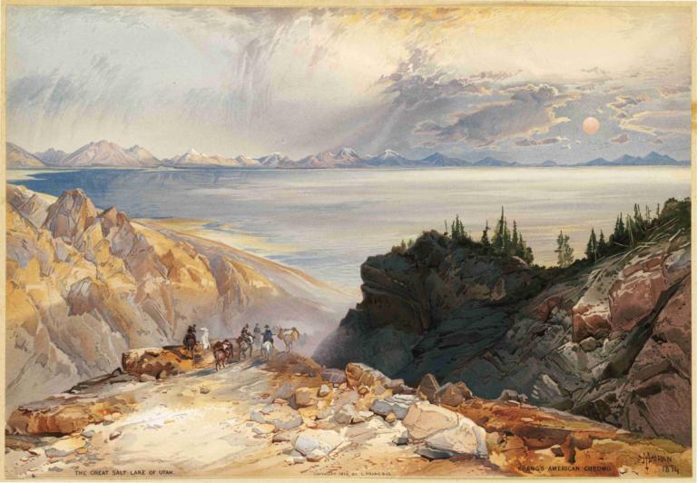 The Great Salt Lake of Utah,Thomas Moran,Oil Painting,Oil Painting, scenery, outdoors, mountain, tree, cloud