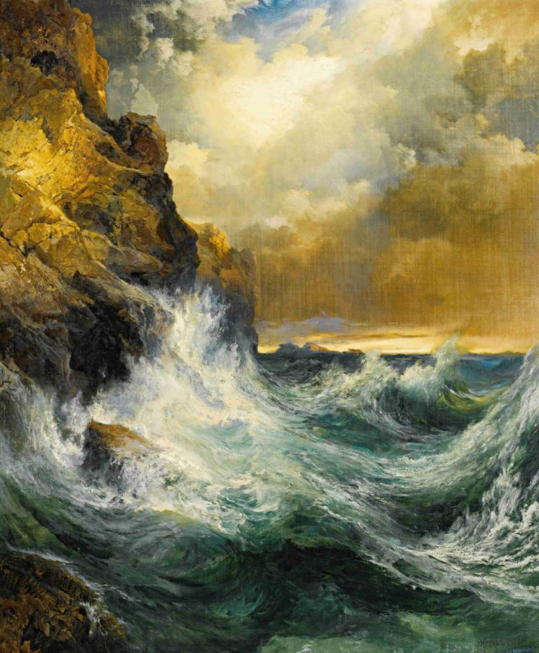 The Receding Wave,Thomas Moran,Oil Painting,Oil Painting, no humans, cloud, scenery, sky, outdoors, waves