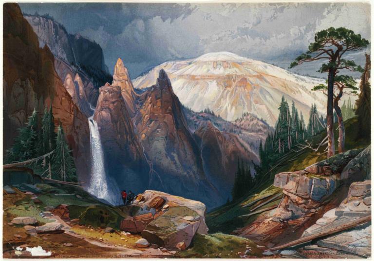 Tower Falls and Sulphur Mountain, Yellowstone,黃石公園的塔式瀑布和硫磺山,Thomas Moran,託馬斯·莫蘭,油畫,油畫, 風景, 戶外, 樹, 山, 自然, 天空