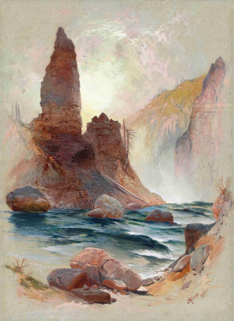 Tower at Tower Falls, Yellowstone,Thomas Moran,Oil Painting,Oil Painting, no humans, rock, scenery, water