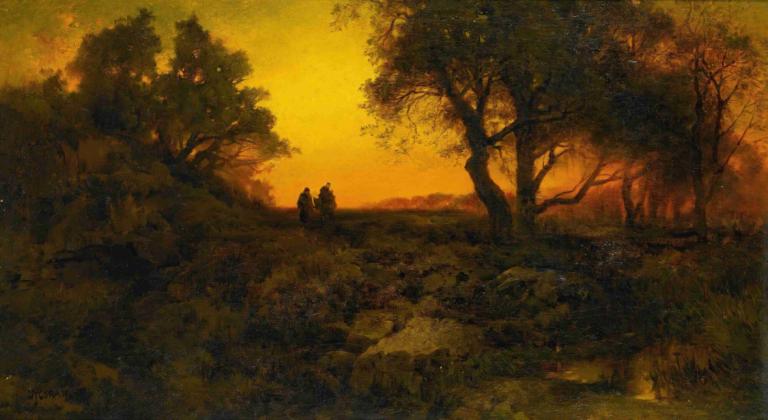 Twilight Landscape (Flight Into Egypt),黄昏の風景（エジプトへの飛行）,Thomas Moran,トーマス・モラン,油絵,油絵, 景色, 木, 屋外, 自然, 日没, 草