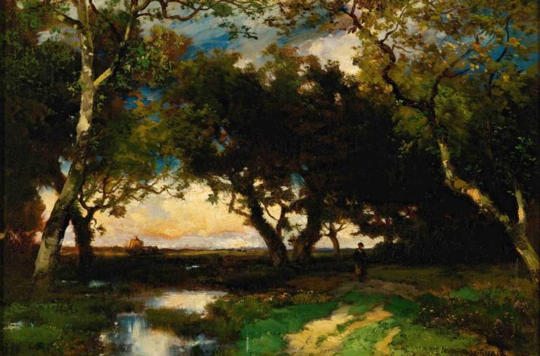 Under The Trees,Onder de bomen,Thomas Moran,Olieverf,Olieverf, boom, landschap, buitenshuis, lucht, water