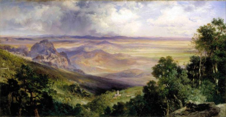 Valley of Cuernavaca,庫埃納瓦卡山谷,Thomas Moran,託馬斯·莫蘭,油畫,油畫, 風景, 戶外, 樹, 雲, 沒有人類, 天空, 自然, 景觀, 山, 傳統媒體, 森林, 多雲的天空, 天