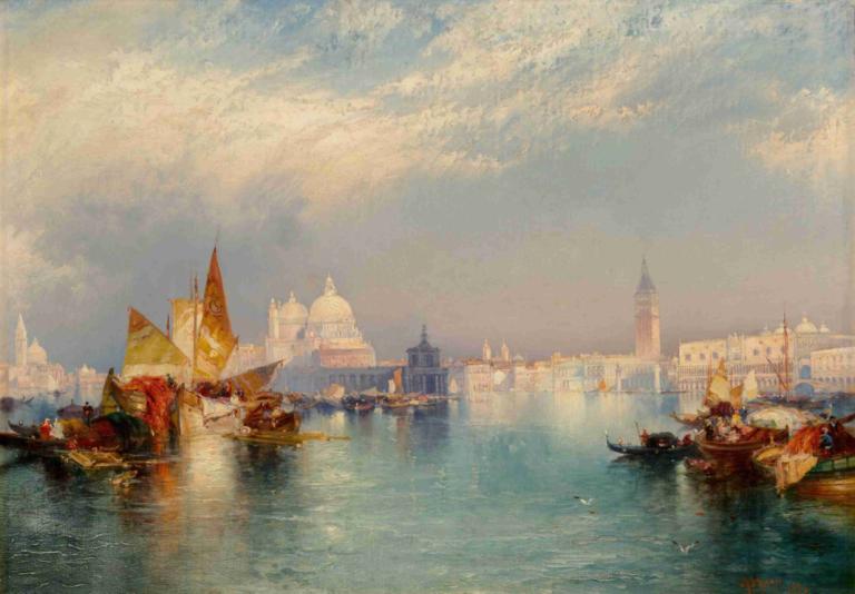 Venetian Scene,Escena veneciana,Thomas Moran,Pintura al óleo,Pintura al óleo, embarcación, bote, escenario