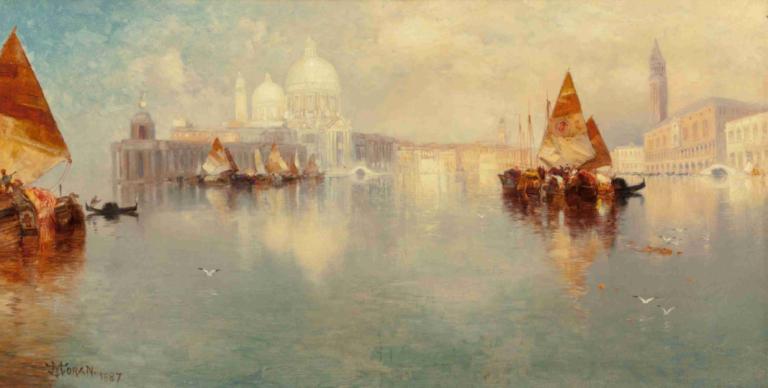 Venice,Venetië,Thomas Moran,Olieverf,Olieverf, waterscooters, landschap, boot, vogel, water, buitenshuis