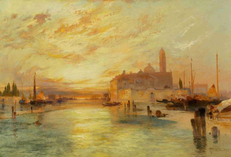 Venice,Venetië,Thomas Moran,Olieverf,Olieverf, landschap, geen mensen, water, buitenshuis, wolk, boot