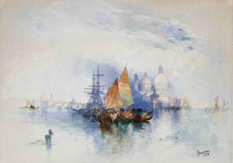 Venice,Venedig,Thomas Moran,Oljemålning,Oljemålning, vattenskotrar, landskap, båt, traditionella medier