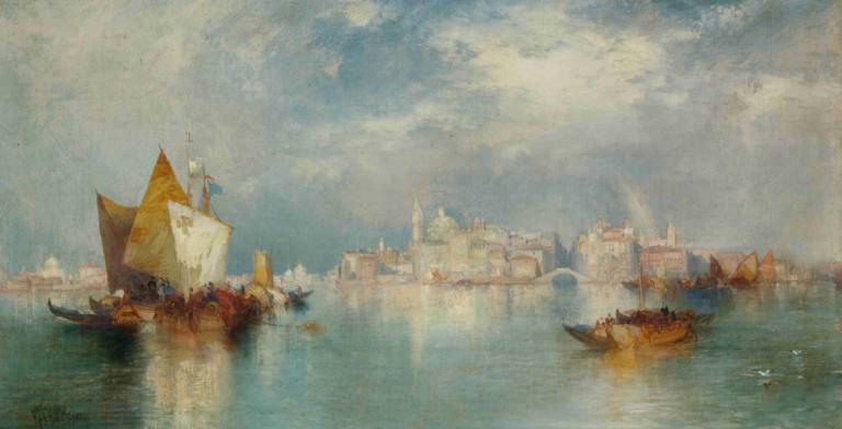 Venice,Benetke,Thomas Moran,Oljna slika,Oljna slika, vodno plovilo, kulisa, brez ljudi, oblak, čoln, nebo