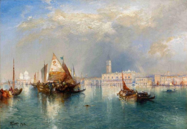 Venice,Venecia,Thomas Moran,Pintura al óleo,Pintura al óleo, embarcación, no humanos, escenario, cielo, nube