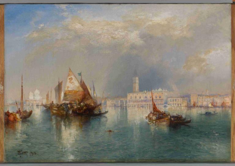 Venice,Venezia,Thomas Moran,Oljemaleri,Oljemaleri, vannscooter, ingen mennesker, båt, natur, vann, himmel