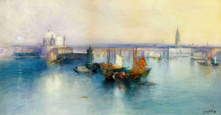 Venice from the Tower of San Giorgio,威尼斯從聖喬治塔,Thomas Moran,託馬斯·莫蘭,油畫,油畫, 船隻, 船, 水, 風景, 傳統媒體, 船, 戶外, 橋