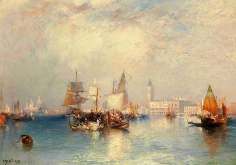 Venice, Grand Canal,Benátky, Canal Grande,Thomas Moran,Tomáš Moran,Olejomalba,Olejomalba, plavidlo, loď, voda