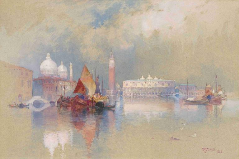 View of Venice,베니스의 전경,Thomas Moran,토마스 모란,오일 페인팅,오일 페인팅, 선박, 보트, 물, 옥외, 경치, 인간은 없어, 건물, 구름, 하늘, 새