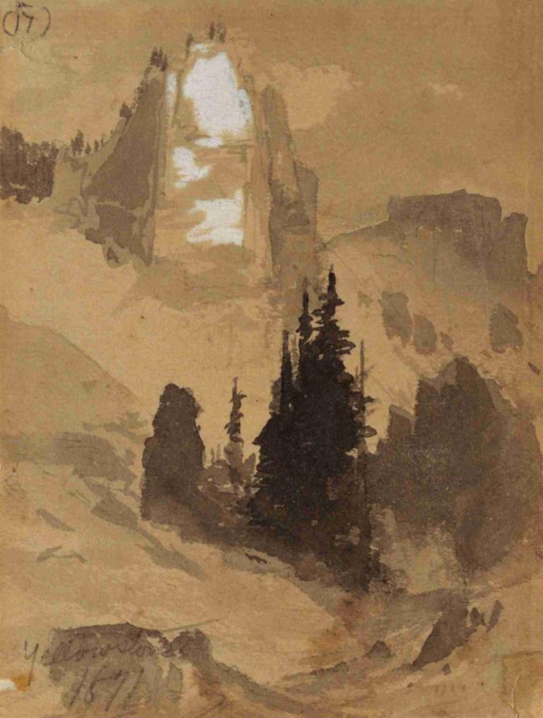 Yellowstone,Thomas Moran,Oljemålning,Oljemålning, landskap, inga människor, öken, utomhus, sepia, ruiner