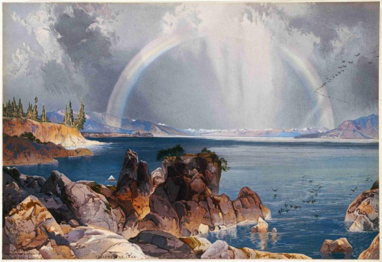 Yellowstone Lake,Thomas Moran,Öljymaalaus,Öljymaalaus, maisema, ei ihmisiä, ulkona, sateenkaari, vettä, pilvi