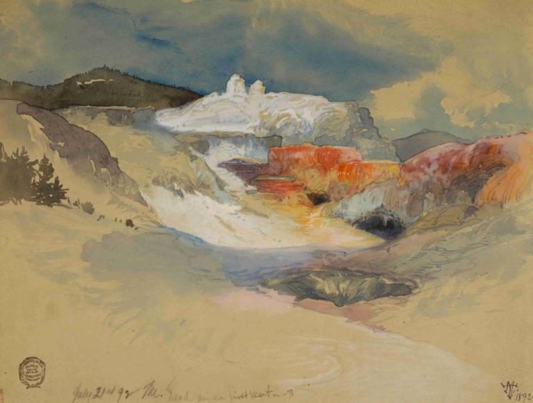 Yellowstone, Hot Springs,黄石公园，温泉,Thomas Moran,托马斯-莫兰,油画,油画, 没有人类, 风景, 户外, 山, 树, 天空, 云, 自然, 传统媒体, 水, 草, 绘画（中）