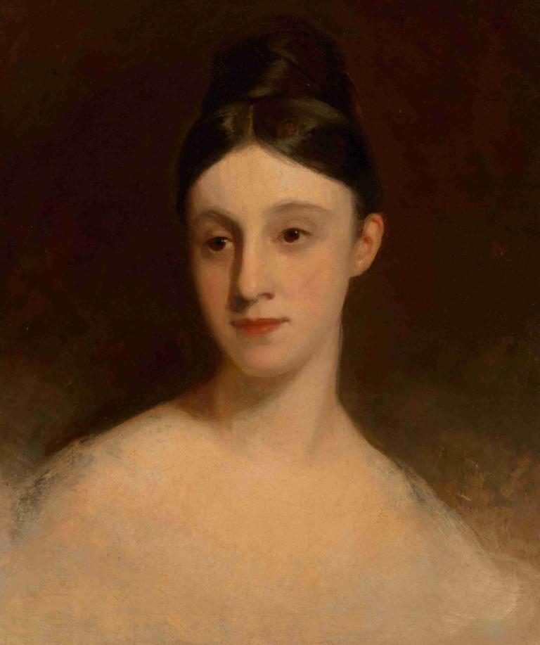 Angelina Snider,Thomas Sully,Oil Painting,Oil Painting, solo, 1girl, realistic, brown background, black hair