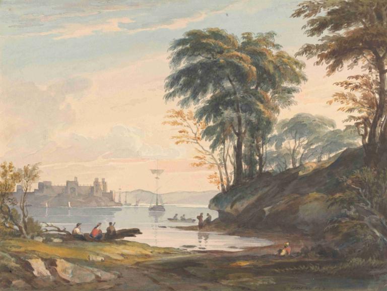 Augt 15th. Conway Castle,Thomas Sully,Oil Painting,Oil Painting, tree, scenery, outdoors, sky, boat