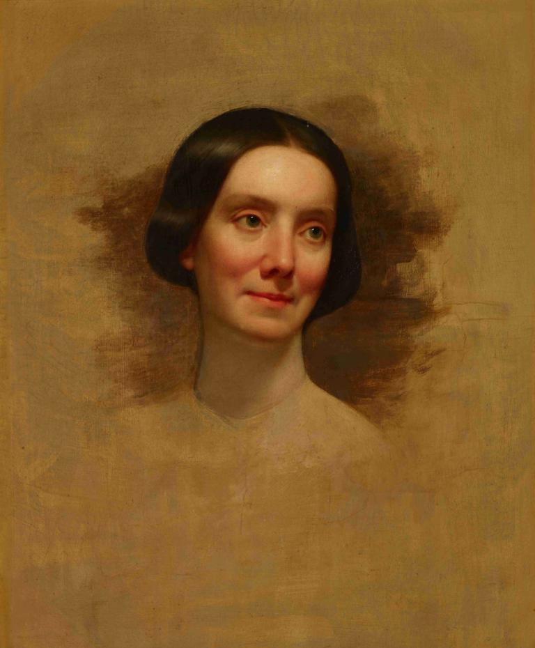 Blanche Sully,Thomas Sully,Oil Painting,Oil Painting, solo, 1girl, realistic, black hair, brown background