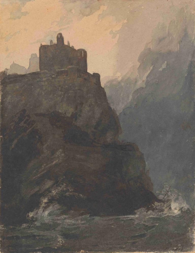 Castle on Cliff, with a Stormy Sea, and Shipwreck at Base of Cliff,Castello sulla scogliera