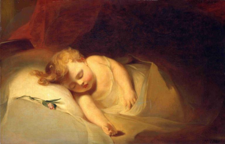 Child Asleep (The Rosebud),Thomas Sully,Oil Painting,Oil Painting, sleeping, blonde hair, 1girl, closed eyes