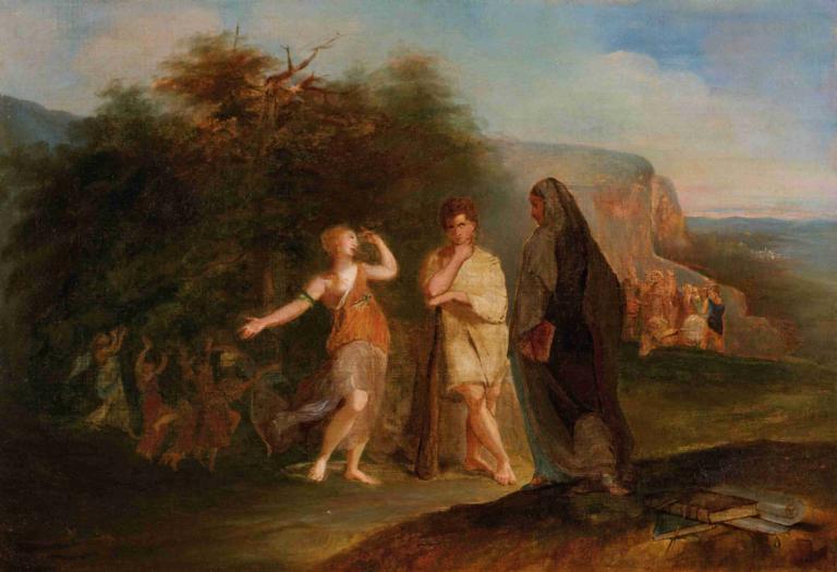 Choice of Hercules,Valg av Hercules,Thomas Sully,Oljemaleri,Oljemaleri, flere gutter, barfot, utendørs, tre