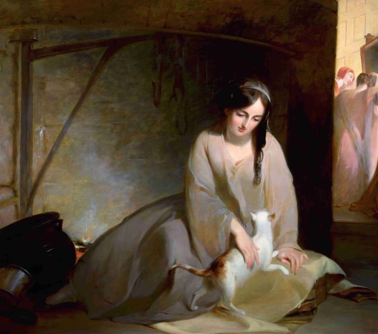 Cinderella at the Kitchen Fire,Thomas Sully,Oil Painting,Oil Painting, realistic, black hair, cat, braid