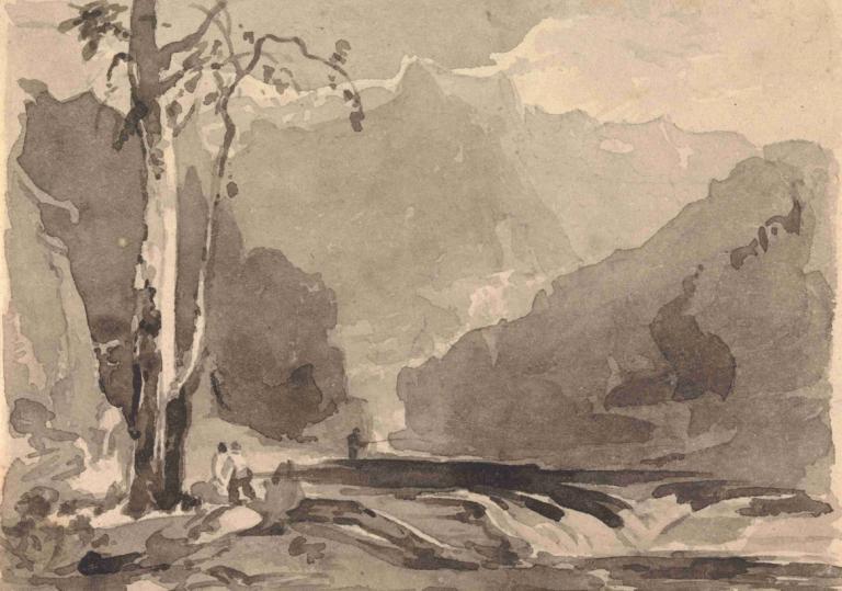 Fishermen at a Mountain Stream,계곡에서 낚시하는 어부들,Thomas Sully,토마스 설리,오일 페인팅,오일 페인팅, 나무, 옥외, 단색화, 경치, 산, 독주