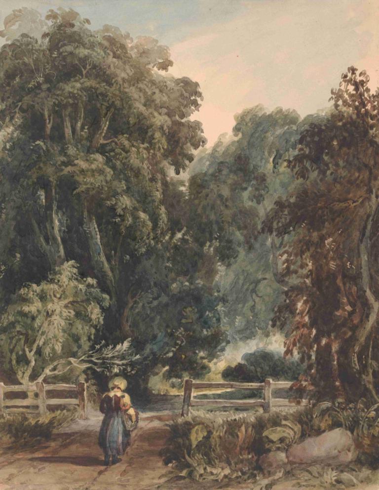 Girl on Lane, Entering Wooded Area,Thomas Sully,Oil Painting,Oil Painting, tree, outdoors, 1girl, scenery