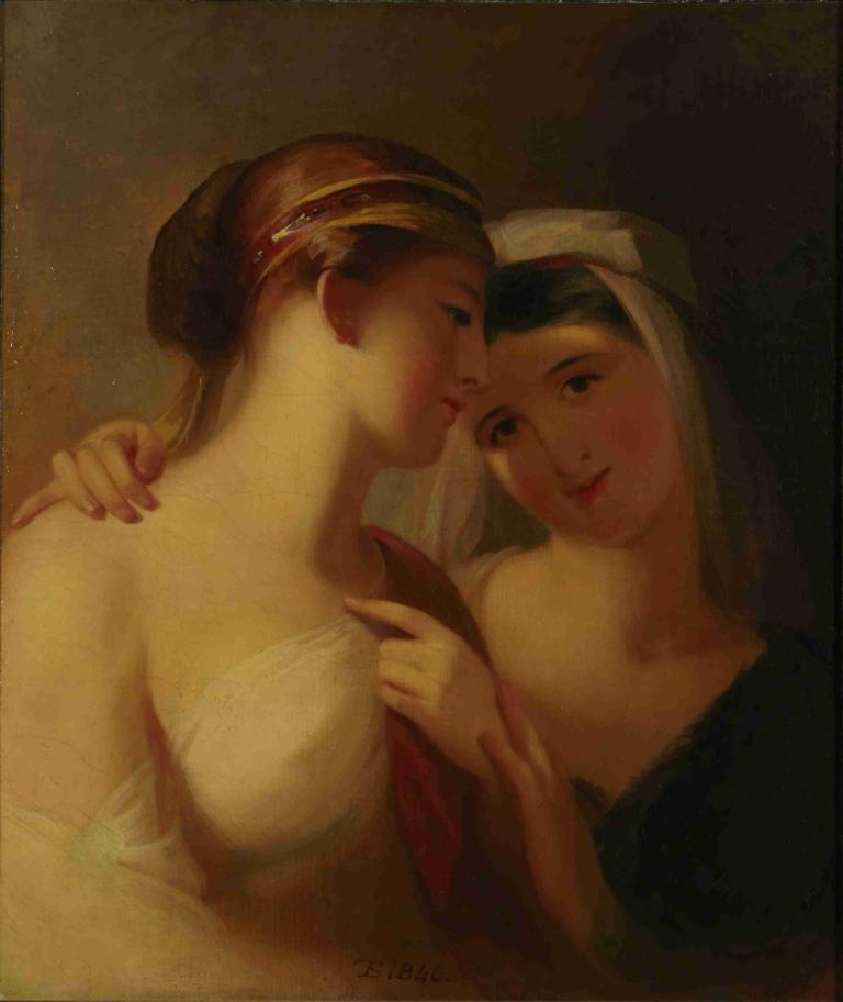 Greek Girls,그리스 소녀,Thomas Sully,토마스 설리,오일 페인팅,오일 페인팅, 여러 여자, 여자 2명, 유리, 갈색 머리, 미술 패러디, 다른 사람의 어깨에 손을 얹다