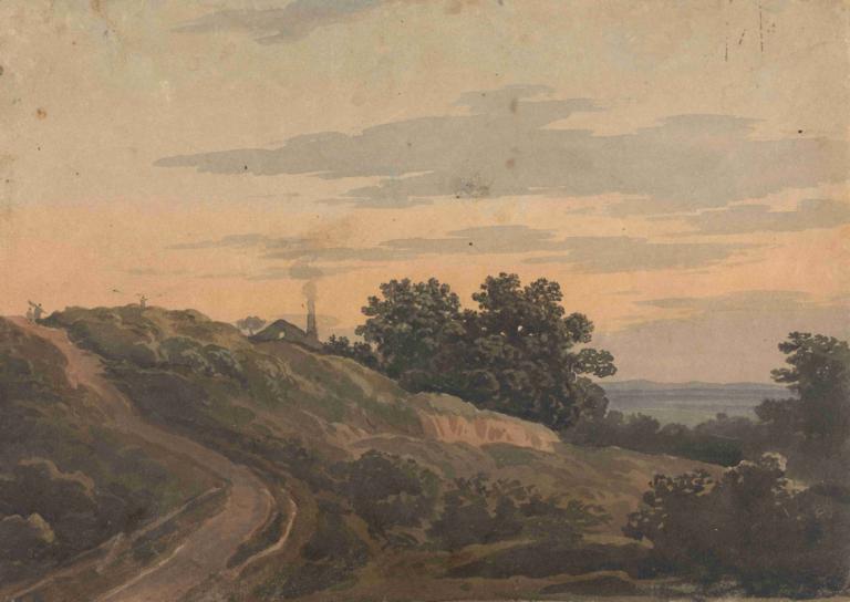 Hilly Landscape with House, Path, and Figures,Thomas Sully,Oil Painting,Oil Painting, no humans, scenery