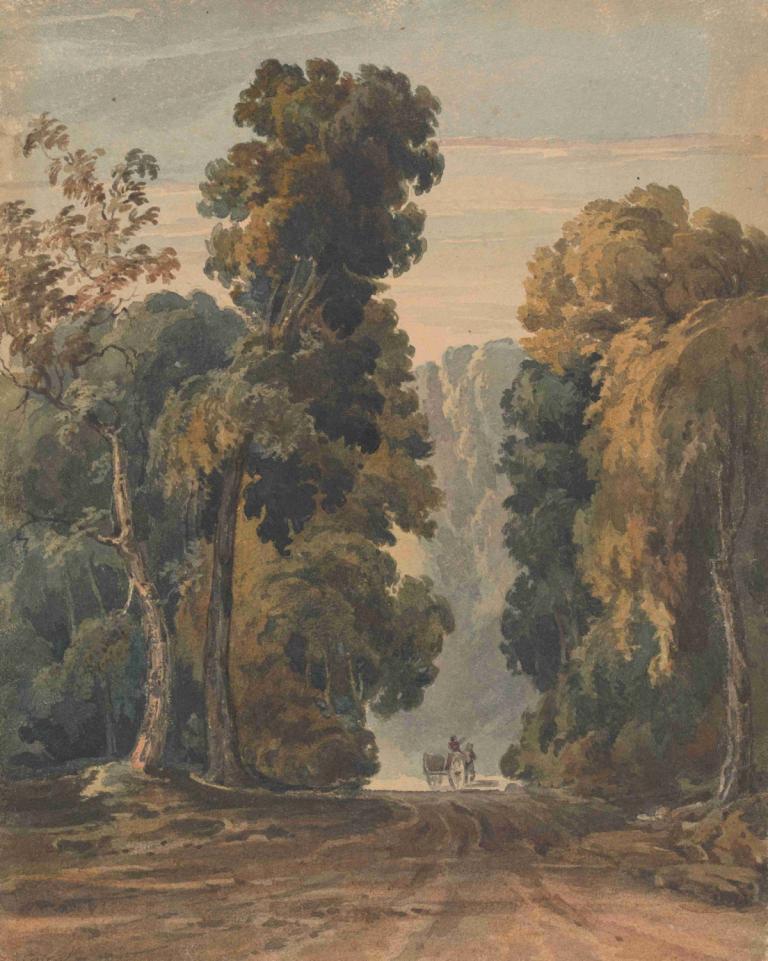 Horse, Cart and Driver on Wide, Tree-lined Lane,Hest, vogn og kusk på bred, træbeklædt bane,Thomas Sully