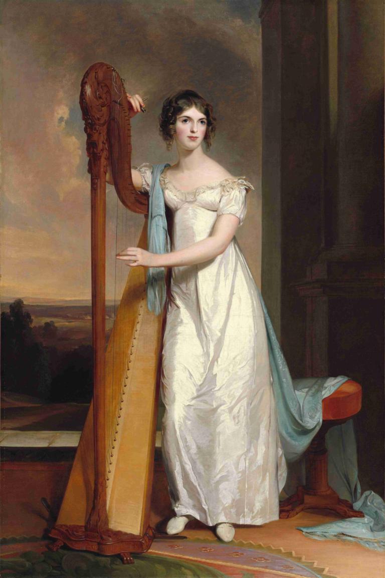 Lady with a Harp - Eliza Ridgely,Thomas Sully,Oil Painting,Oil Painting, 1girl, fine art parody, dress, solo