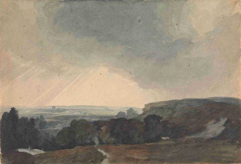 Landscape Scene From Hilltop, Looking into Sunlit Valley,Landskabsscene fra bakketop, ser ind i Sunlit Valley