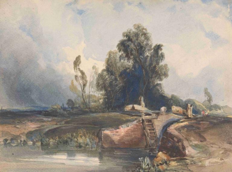 Landscape with Canal and Lock; Figures at Lock,Thomas Sully,Oil Painting,Oil Painting, outdoors, tree