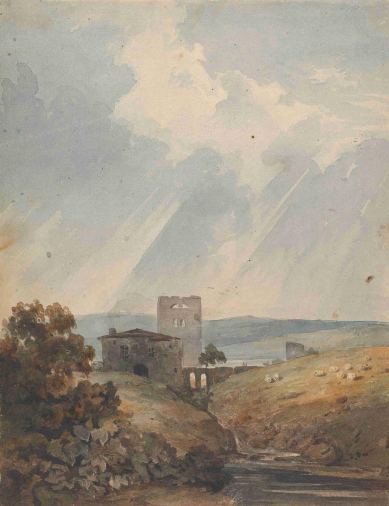 Landscape with Castle, Hills and Mountains,Thomas Sully,Oil Painting,Oil Painting, outdoors, scenery