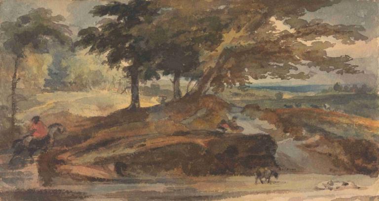 Landscape with Knoll with Trees, Figure on Horseback,Thomas Sully,Oil Painting,Oil Painting, tree, outdoors