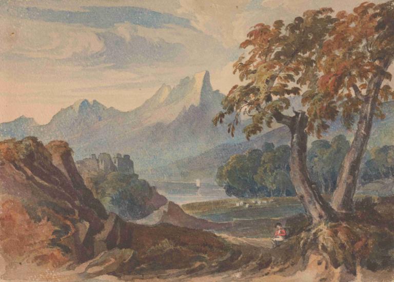 Landscape with Mountains, Lake Castle, Seated Figure in Foreground,Paesaggio con montagne, castello sul lago