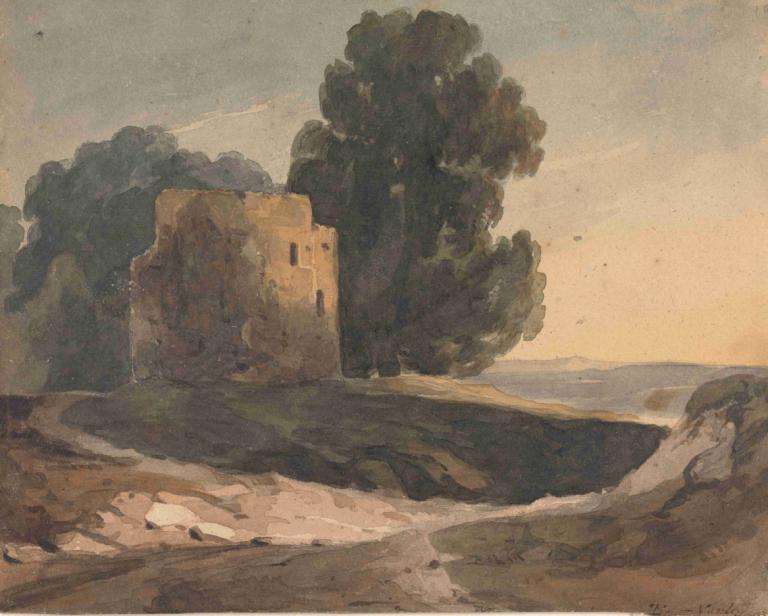 Landscape with Ruined Castle, Trees,Thomas Sully,Oil Painting,Oil Painting, no humans, tree, outdoors