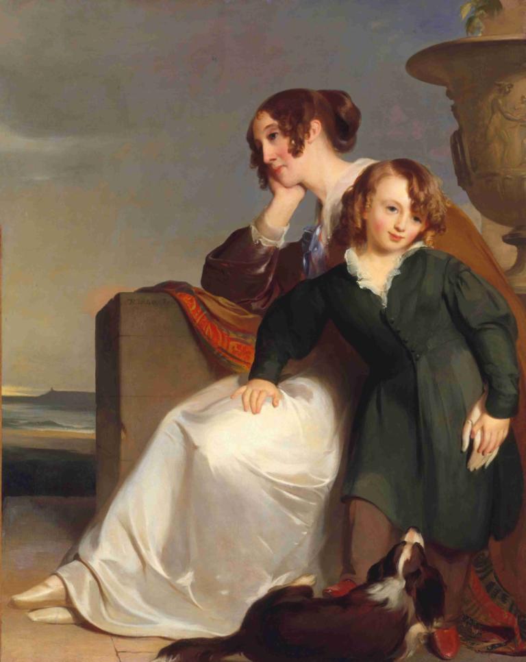 Mother and Son,어머니와 아들,Thomas Sully,토마스 설리,오일 페인팅,오일 페인팅, 미술 패러디, 여러 여자, 여자 2명, 드레스, 갈색 머리, 좌석, 개, 풍자적 개작 시문