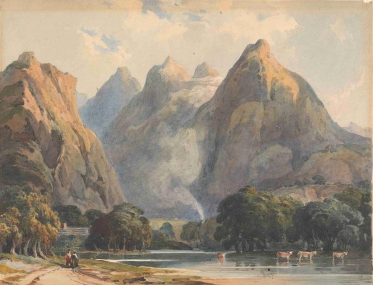 Mountain Scene with Stream, Cows and Figures,개울, 소, 인물이 있는 산 풍경,Thomas Sully,토마스 설리,오일 페인팅,오일 페인팅, 경치, 옥외, 나무