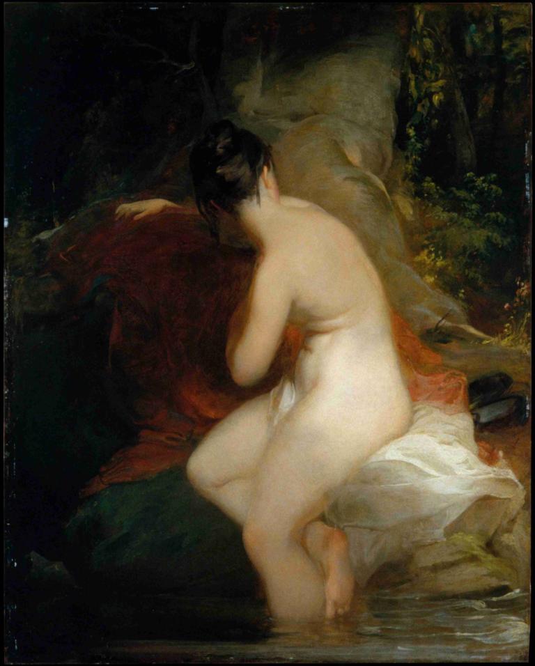 Musidora,Thomas Sully,Olieverf,Olieverf, 1meisje, solo, naakt, zwart haar, water, borsten, op blote voeten