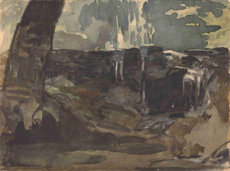 Rocky Landscape, Large Tree Trunk in Foreground,Klippigt landskap, stor trädstam i förgrunden,Thomas Sully