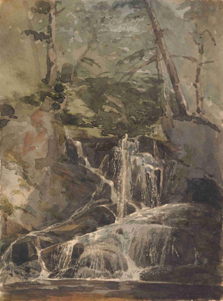 Small Waterfall in Forest,Litet vattenfall i skog,Thomas Sully,Oljemålning,Oljemålning, inga människor