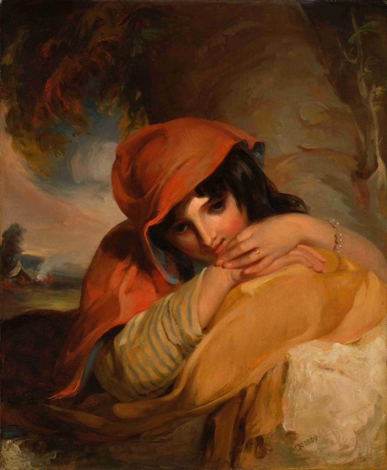 The Gypsy Girl,Het zigeunermeisje,Thomas Sully,Olieverf,Olieverf, parodie op beeldende kunst, 1meisje, solo