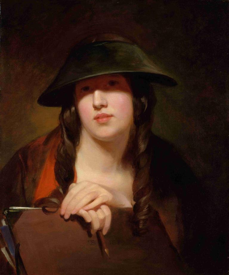 The Student,De student,Thomas Sully,Olieverf,Olieverf, 1meisje, solo, hoed, lang haar, vasthouden, vlecht